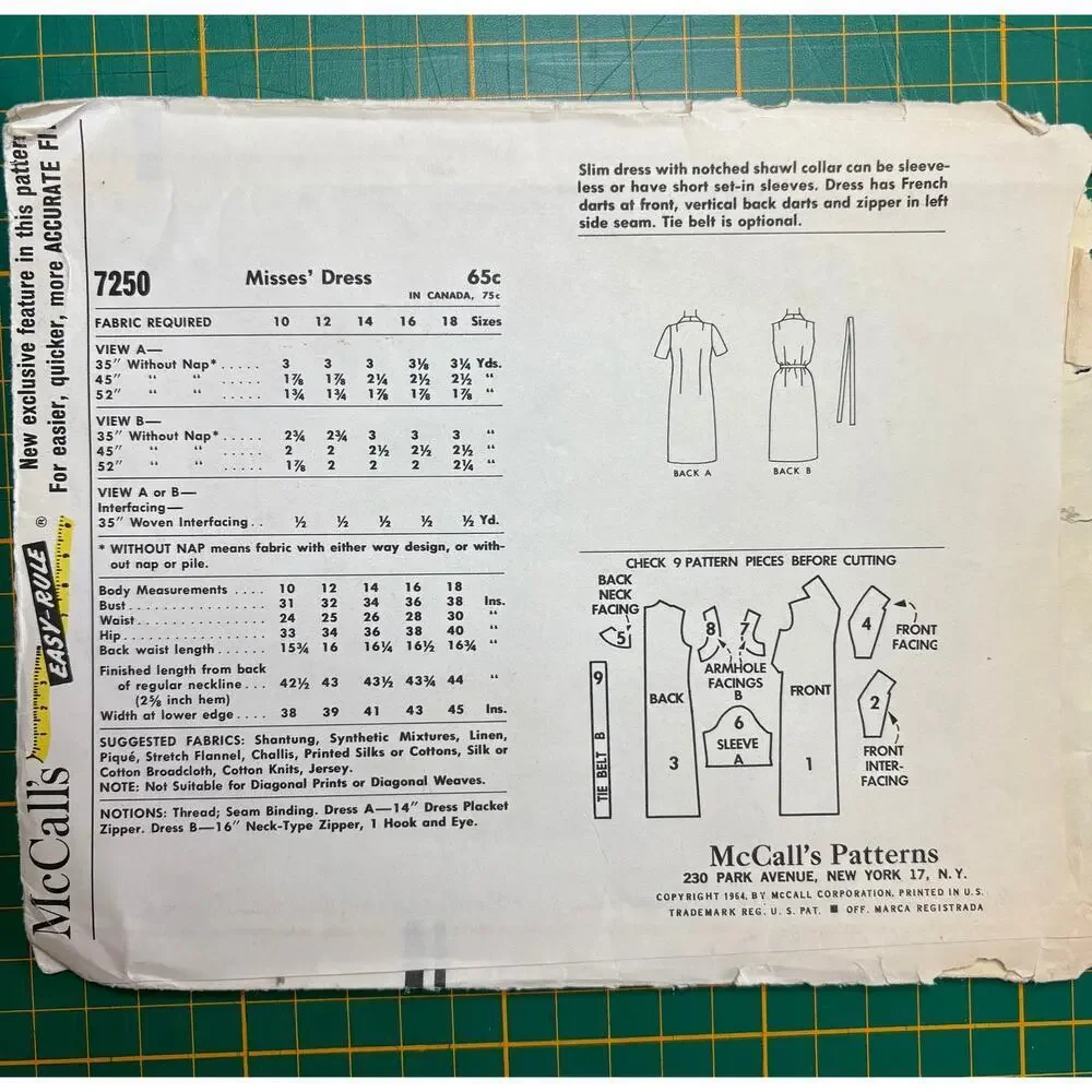 Vintage McCall's 7250 Sewing Pattern Size 14 Bust 34 Dress 1964 Uncut FF